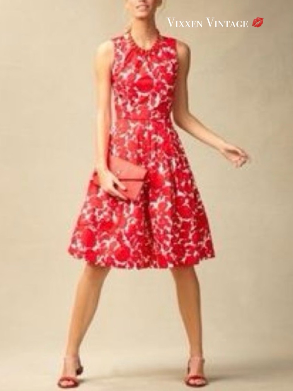 TALBOTS 2012 FLORAL SLEEVELESS FIT & FLARE POCKET DRESS IN RED